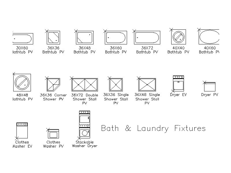 Comprehensive Bath & Laundry Fixtures 2D AutoCAD Blocks (Plan & Elevation Views) – free CAD block preview