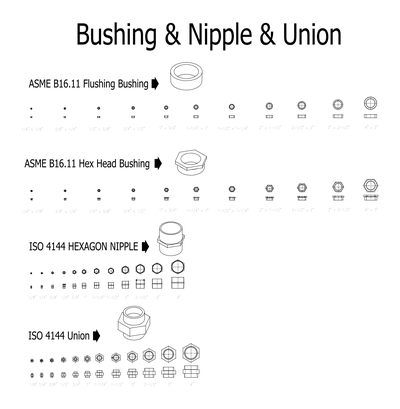 Bushing, Nipple and Union Pipe Fittings CAD block preview