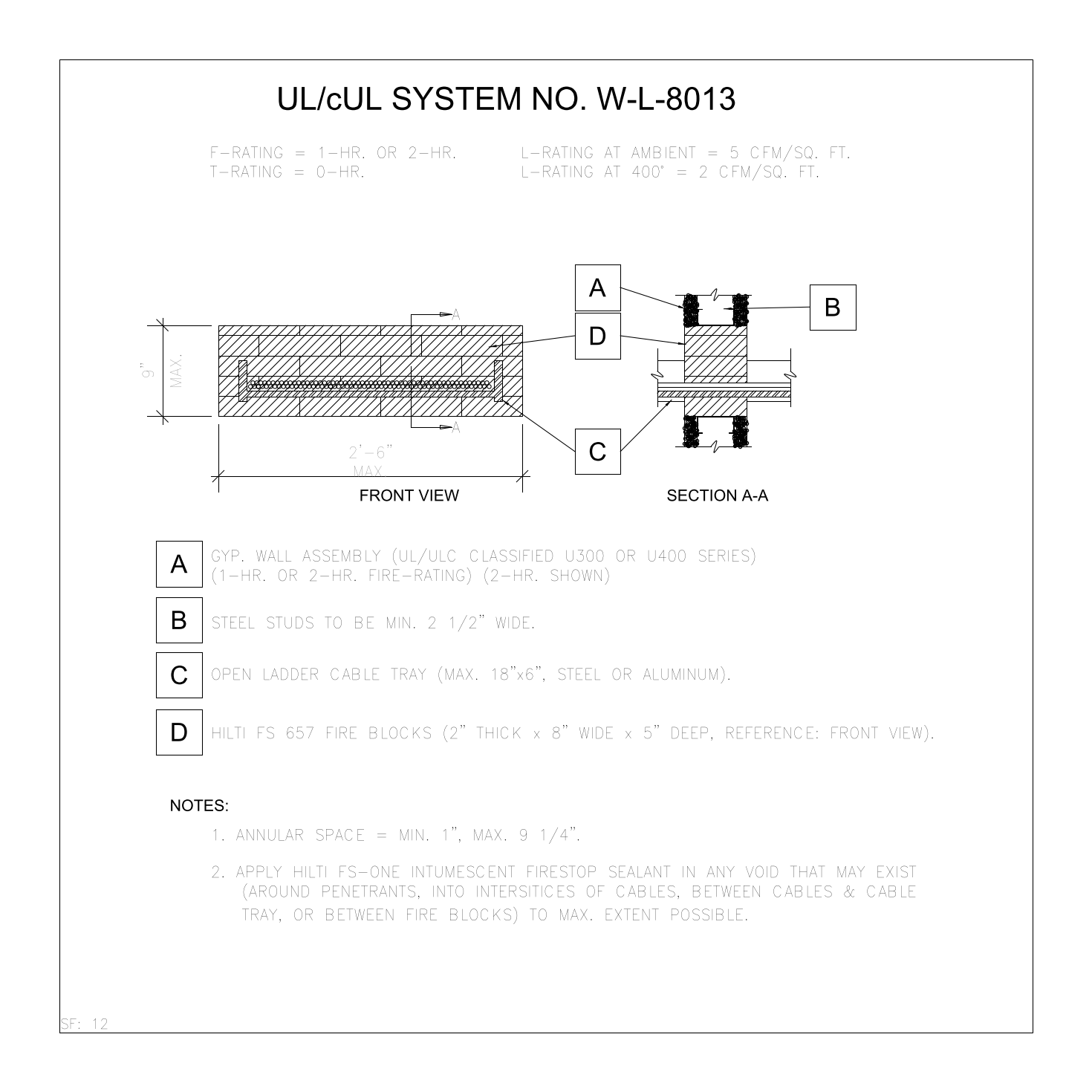 Cable Tray Firestop Detail at Gypsum Wall — UL W-L-4011 – free CAD block preview