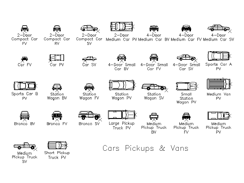 Cars Pickups and Vans - Multi-View Library – free CAD block preview