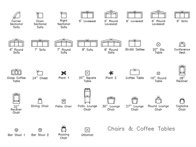 Chairs and Coffee Tables - Plan CAD block preview