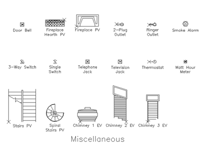 Domestic Electrical, Stair and Chimney Symbols CAD block preview