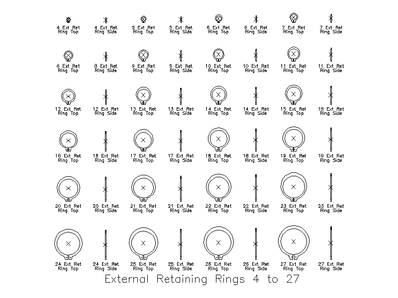 External Retaining Rings - Sizes 4 to 27 – free CAD block preview