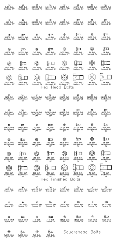 Imperial Hex and Square Head Bolts CAD block preview