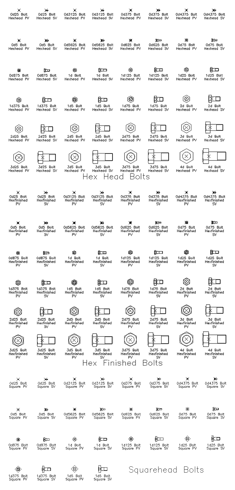 Imperial Hex and Square Head Bolts – free CAD block preview