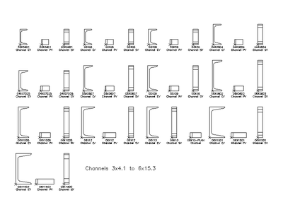Imperial Steel Channel Sections 2D AutoCAD Blocks Library CAD block preview