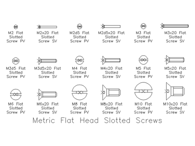 Metric Flat Head Slotted Screws CAD block preview