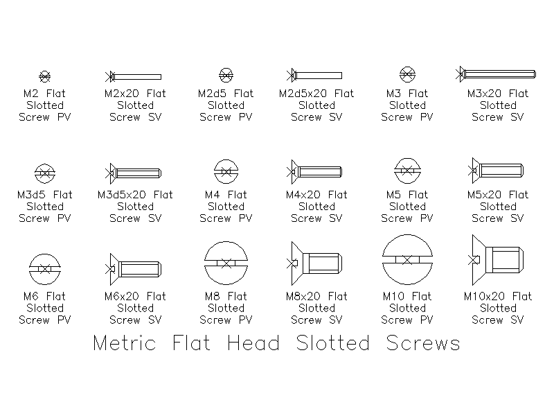 Metric Flat Head Slotted Screws – free CAD block preview