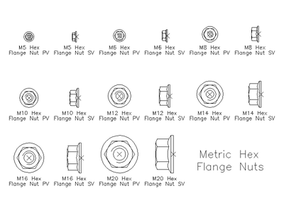 Metric Hex Flange Nuts CAD block preview
