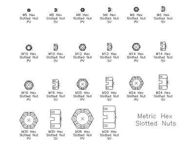 Metric Hex Slotted Nuts CAD block preview