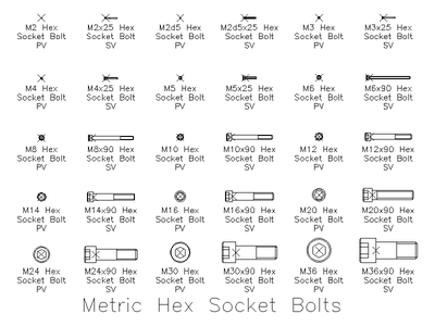Metric Hex Socket Bolts CAD block preview