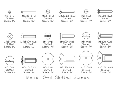 Metric Oval Head Slotted Screws CAD block preview