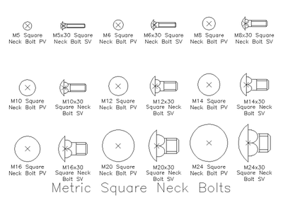 Metric Square Neck Bolts CAD block preview