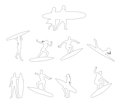 People Surfing - Ocean Sports Silhouettes CAD block preview