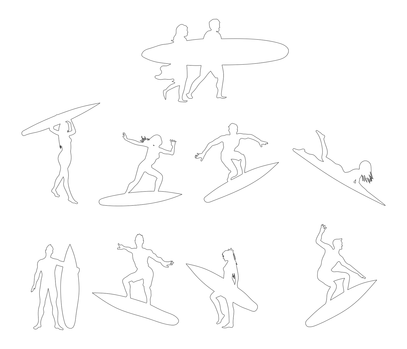 People Surfing - Ocean Sports Silhouettes – free CAD block preview