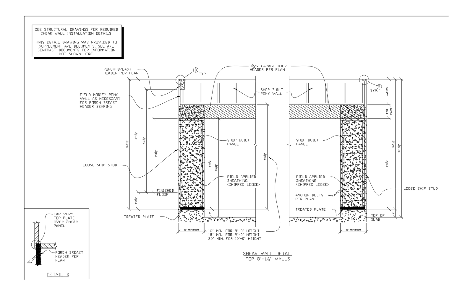 Shear Wall Detail for 8 ft Walls with Porch Breast Header – free CAD block preview