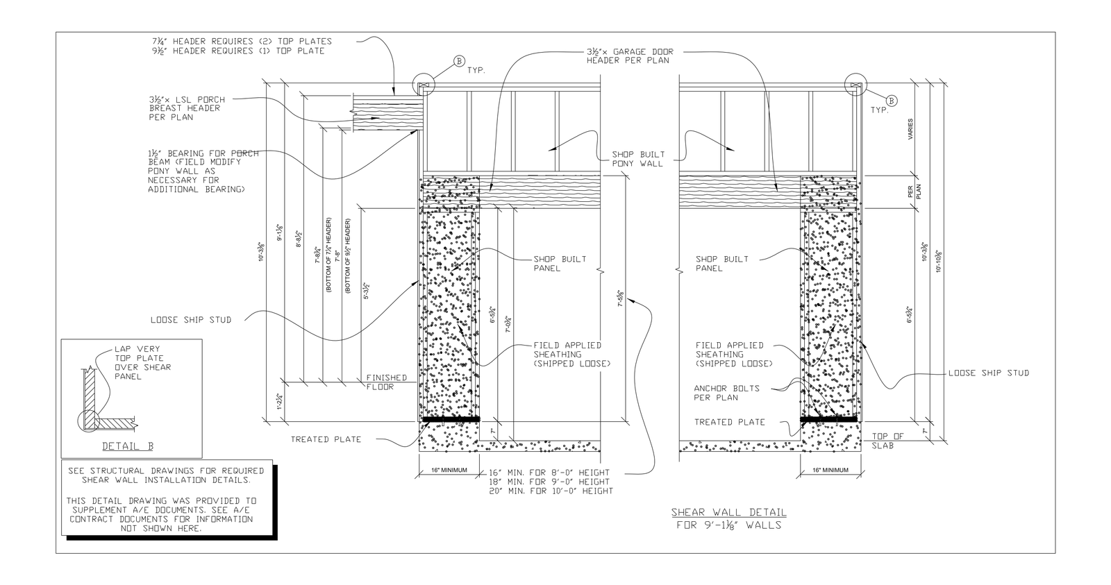 Shear Wall Detail for 9 ft Walls with LSL Porch Breast Header – free CAD block preview