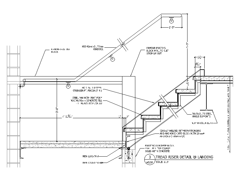 Stair Tread and Riser Detail at Landing – free CAD block preview
