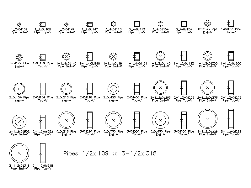 Steel Pipes 1/2 to 3-1/2 Inch Diameter – free CAD block preview