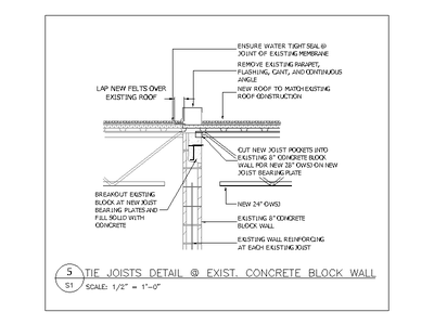 Tie Joists Detail at Existing Block Wall (Deck Over) CAD block preview