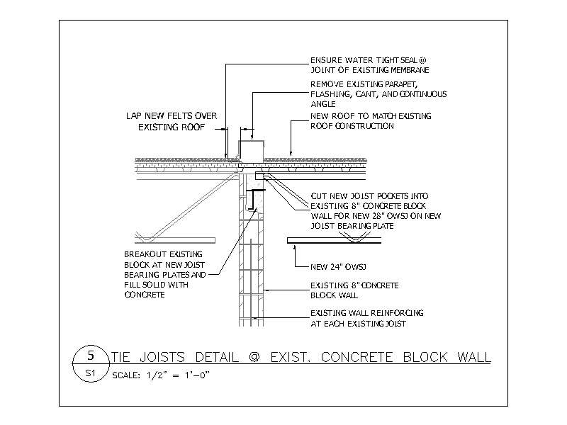 Tie Joists Detail at Existing Block Wall (Deck Over) – free CAD block preview