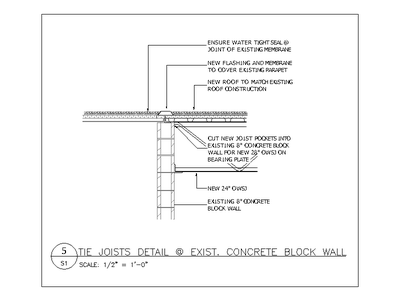 Tie Joists Detail at Existing Concrete Block Wall (No Parapet) CAD block preview
