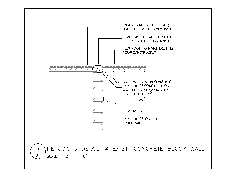 Tie Joists Detail at Existing Concrete Block Wall (No Parapet) – free CAD block preview