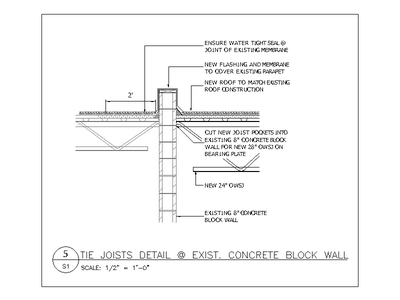 Tie Joists Detail at Existing Concrete Block Wall CAD block preview
