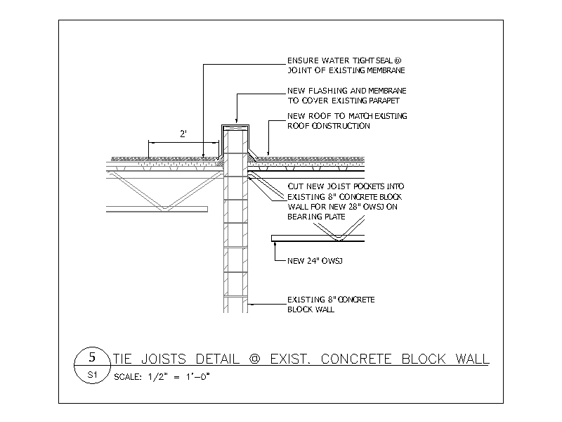 Tie Joists Detail at Existing Concrete Block Wall – free CAD block preview