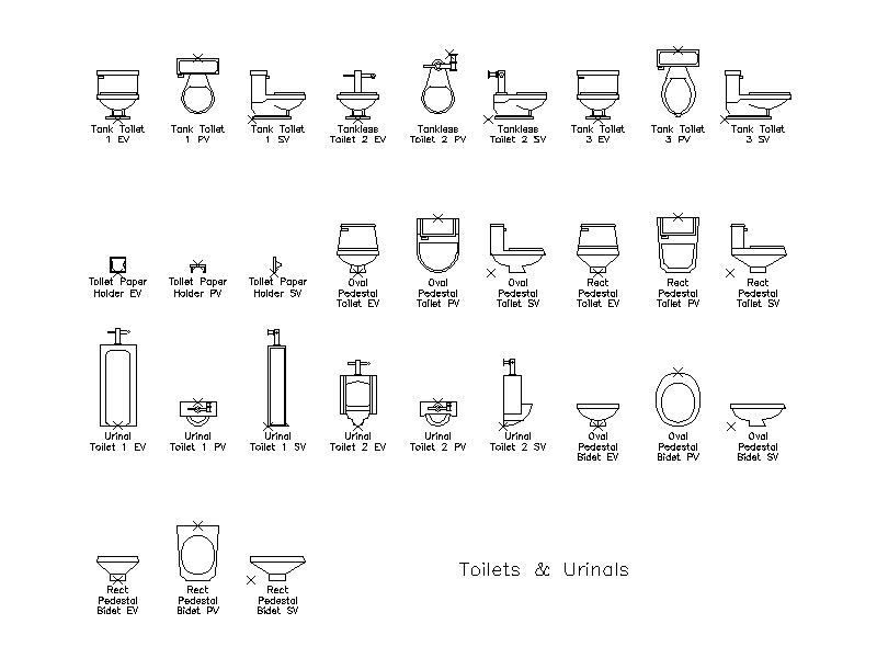 Toilets and Urinals – free CAD block preview