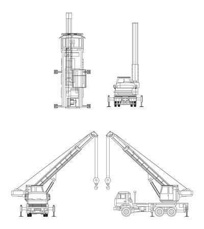 Truck-Mounted Lattice Boom Crane Elevations and Plan CAD block preview