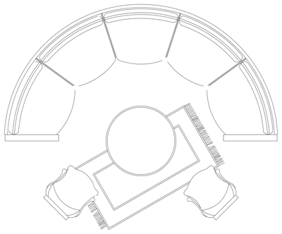 Curved 5 Seat Sofa with Rug and Armchairs - Plan View CAD block preview