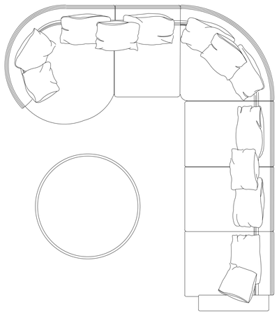 Curved 6 Seat Sofa with Round Coffee Table - Plan View CAD block preview