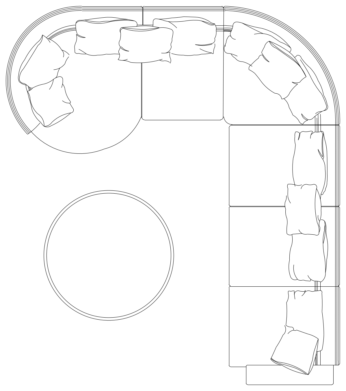 Curved 6 Seat Sofa with Round Coffee Table - Plan View – free CAD block preview