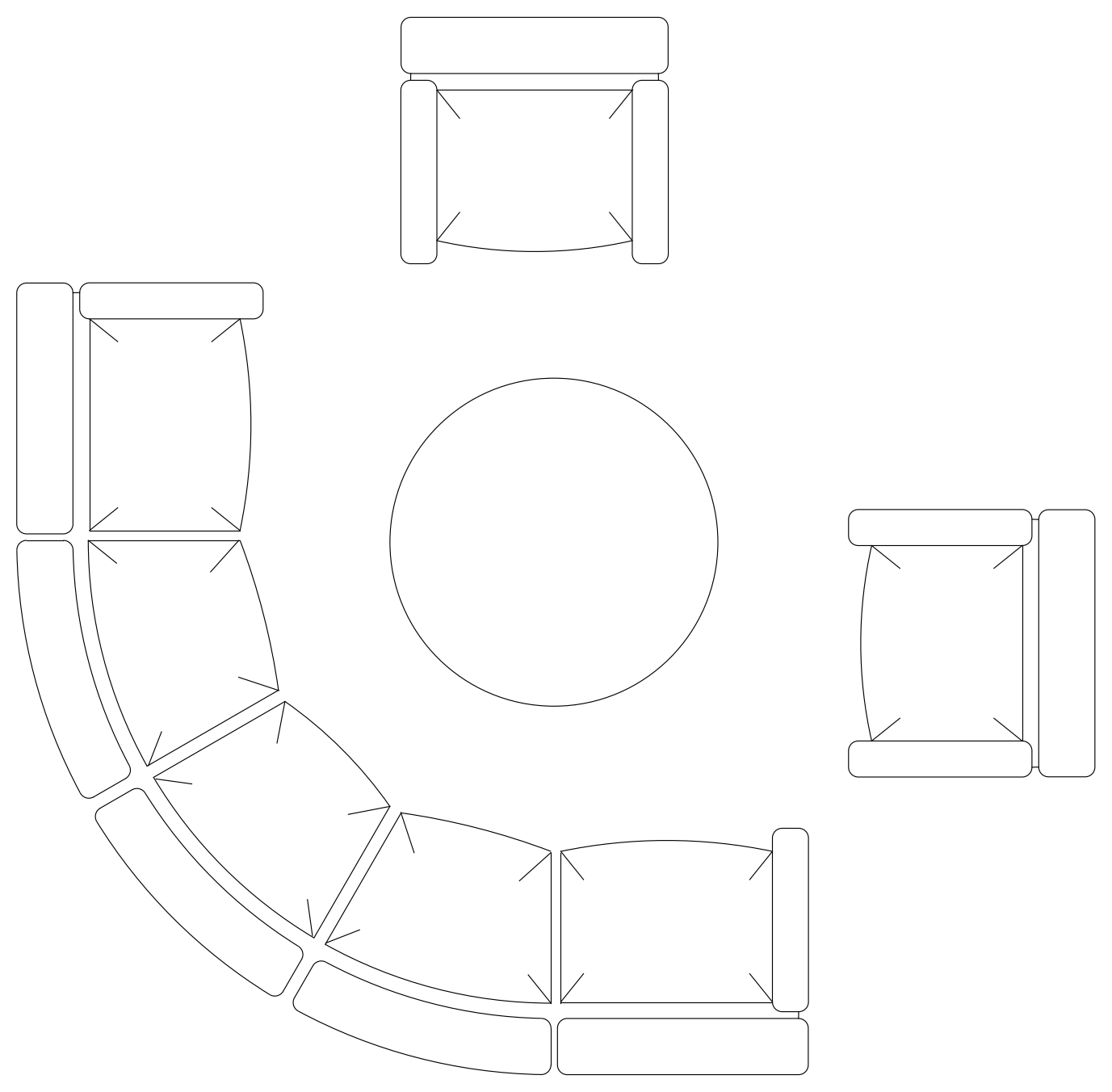 Curved Sectional Sofa with Armchairs - Plan View – free CAD block preview