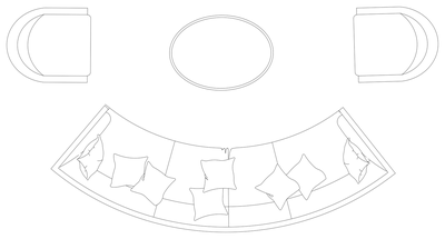 Curved Sofa with Scatter Cushions - Plan View CAD block preview