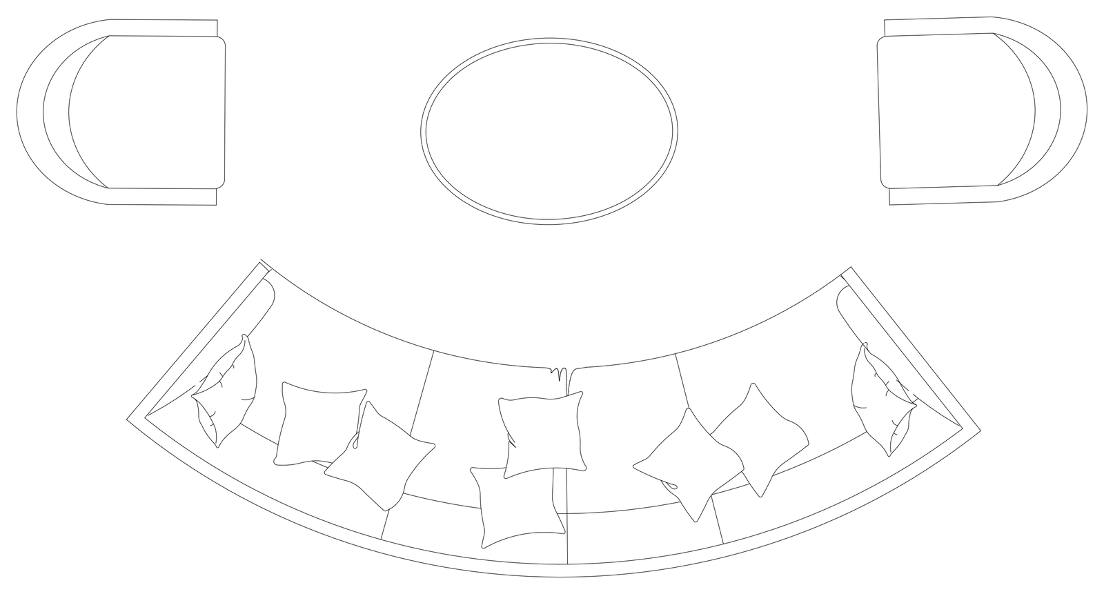 Curved Sofa with Scatter Cushions - Plan View – free CAD block preview