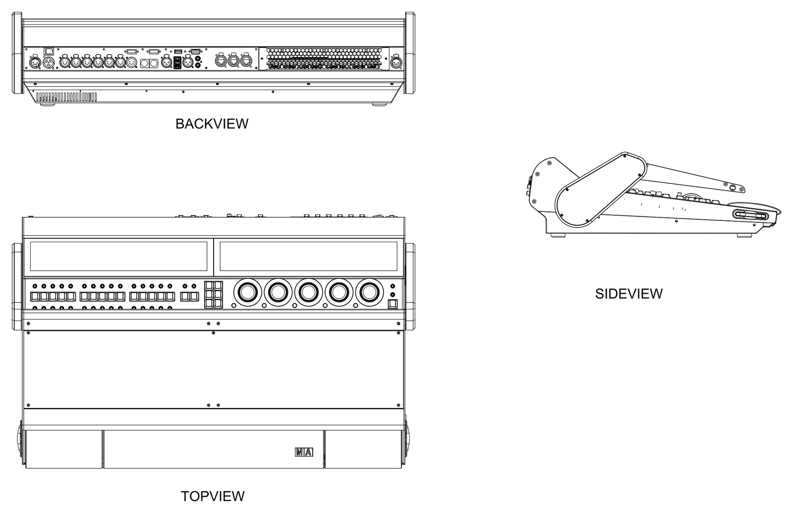 grandMA3 Compact Lighting Console - Back, Top and Side Views – free CAD block preview