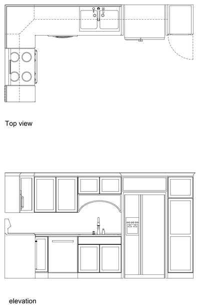 L-Shaped Kitchen Plan and Elevation CAD block preview