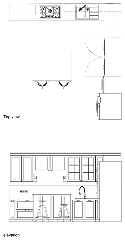 L-Shaped Kitchen with Island Plan and Elevation CAD block preview