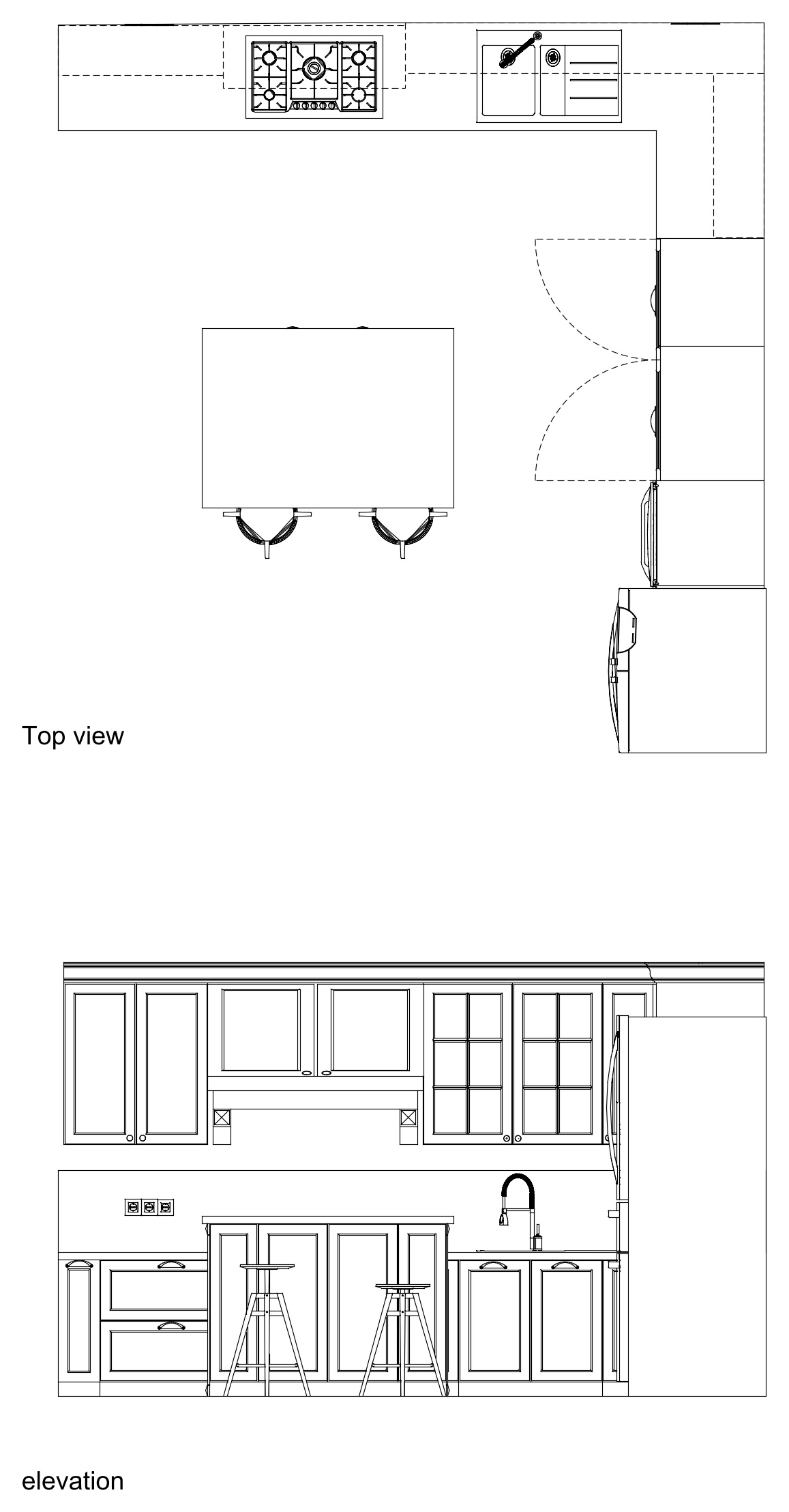 L-Shaped Kitchen with Island Plan and Elevation – free CAD block preview