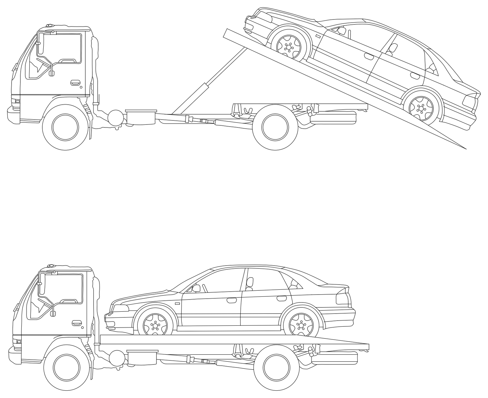 Tilt Tray Tow Truck with Car - Side Elevations – free CAD block preview