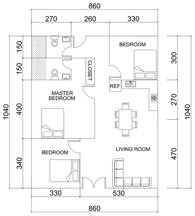 Bulacan Three-Bedroom House Floor Plan CAD block preview
