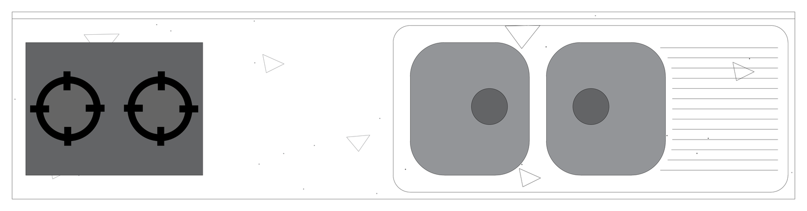 Kitchen Benchtop with Two-Burner Cooktop and Double Sink - Plan View – free CAD block preview