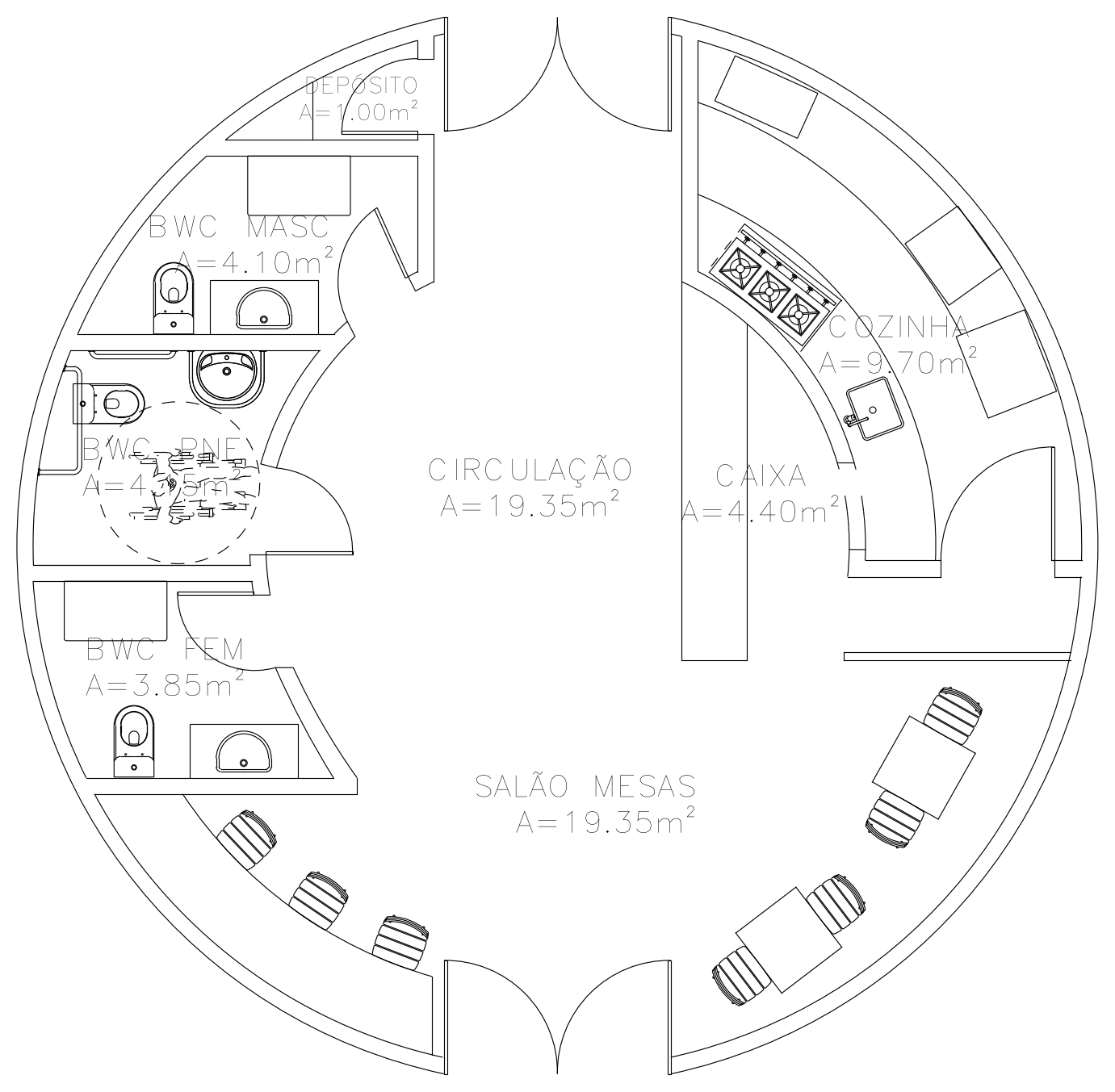Round Restaurant Floor Plan – free CAD block preview
