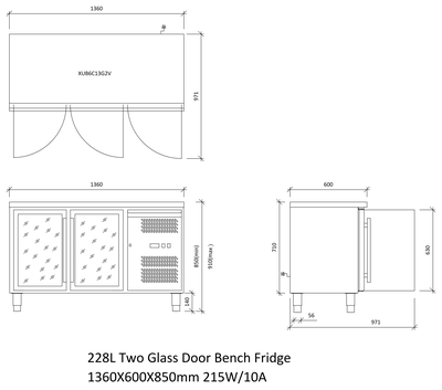 228L Two Glass Door Bench Fridge - Plan and Elevations CAD block preview