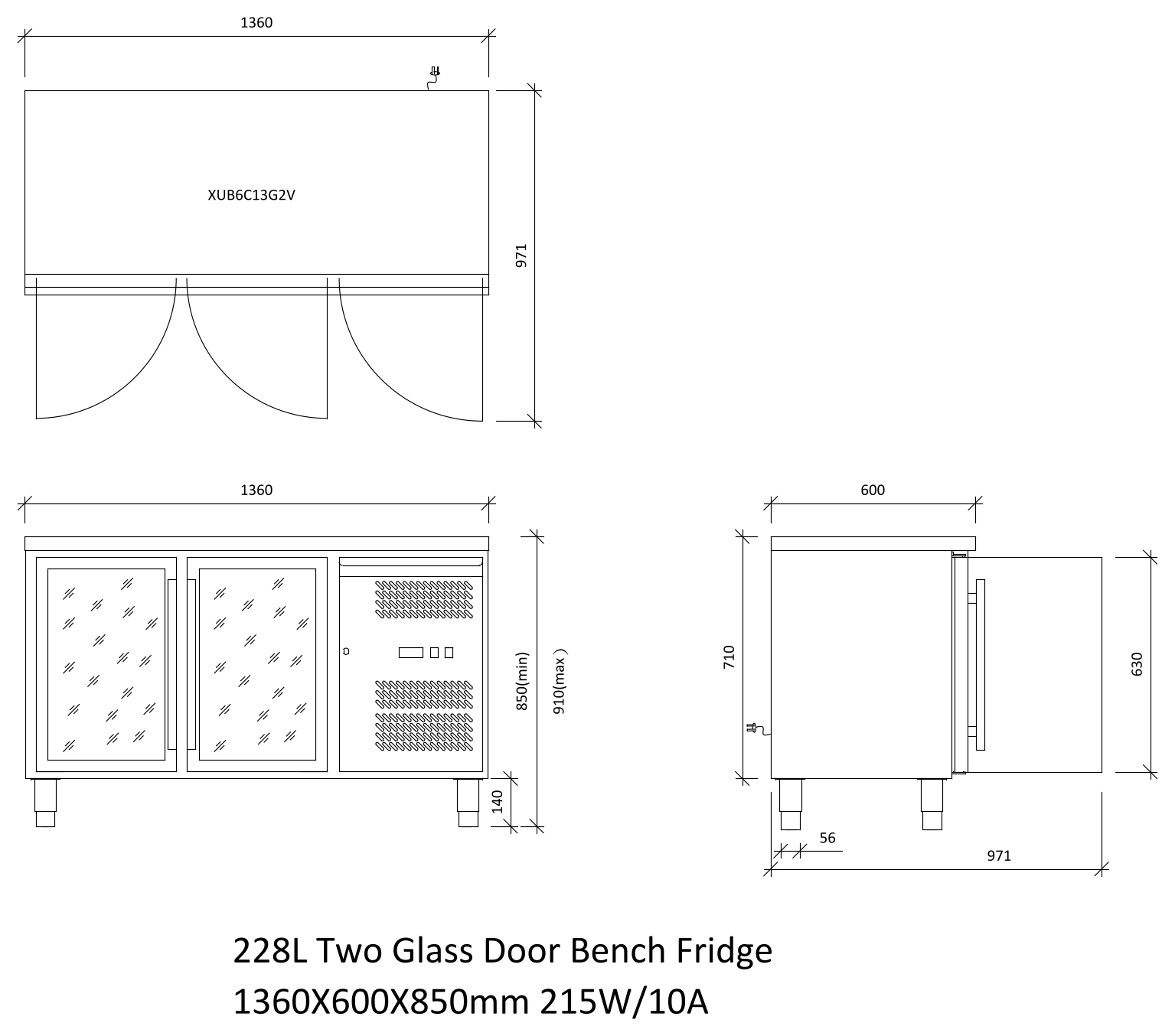 228L Two Glass Door Bench Fridge - Plan and Elevations – free CAD block preview