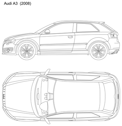 Audi A3 (2008) Three-Door - Side and Plan Views CAD block preview