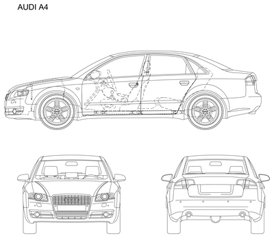 Audi A4 Sedan - Side, Front and Rear Elevations CAD block preview