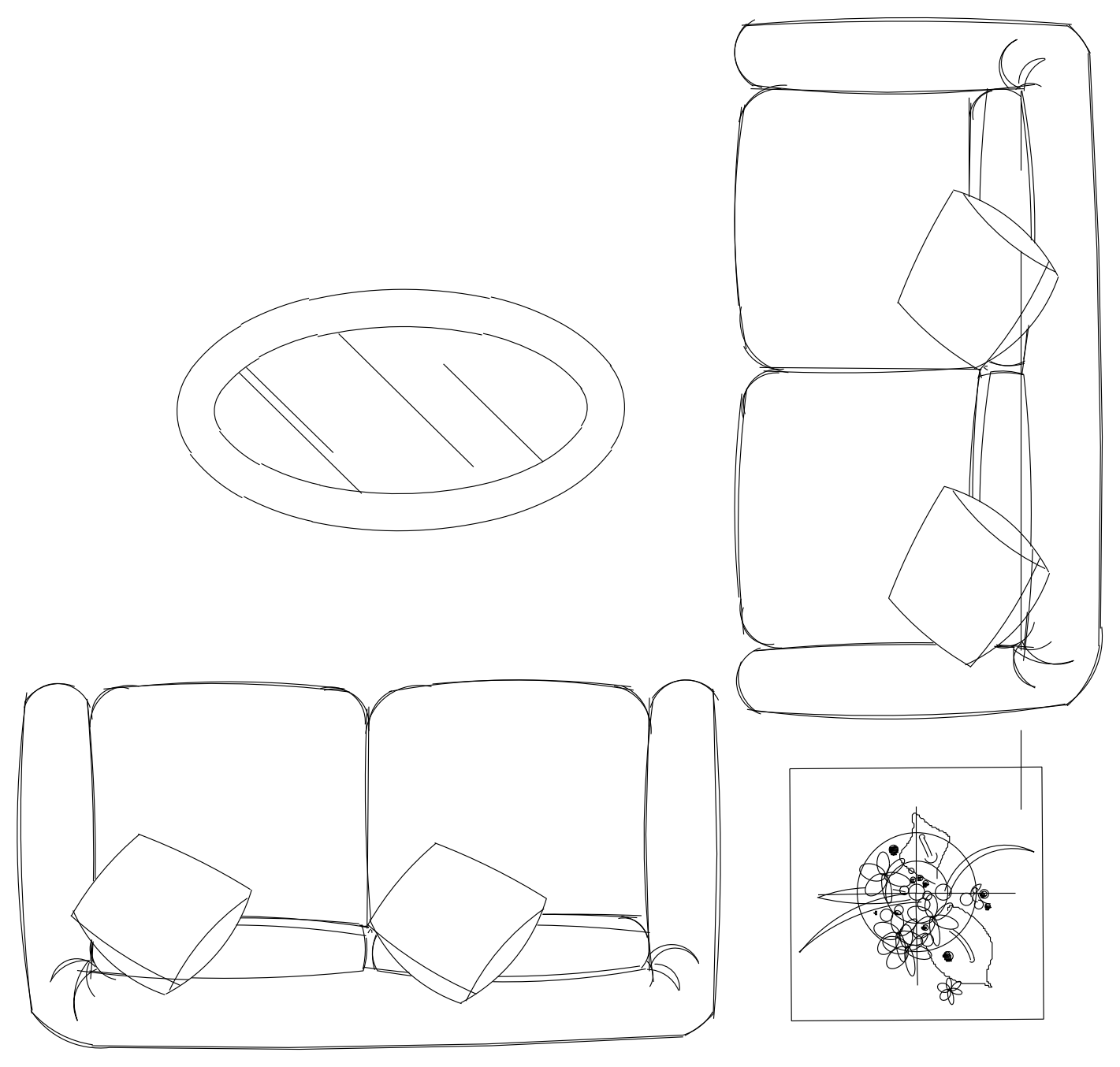 Lounge Setting with Two Sofas and Oval Coffee Table - Plan – free CAD block preview